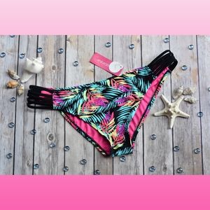Xhilaration Cheeky Style Bikini Bottoms Size L Strapy Sides Tropical Print